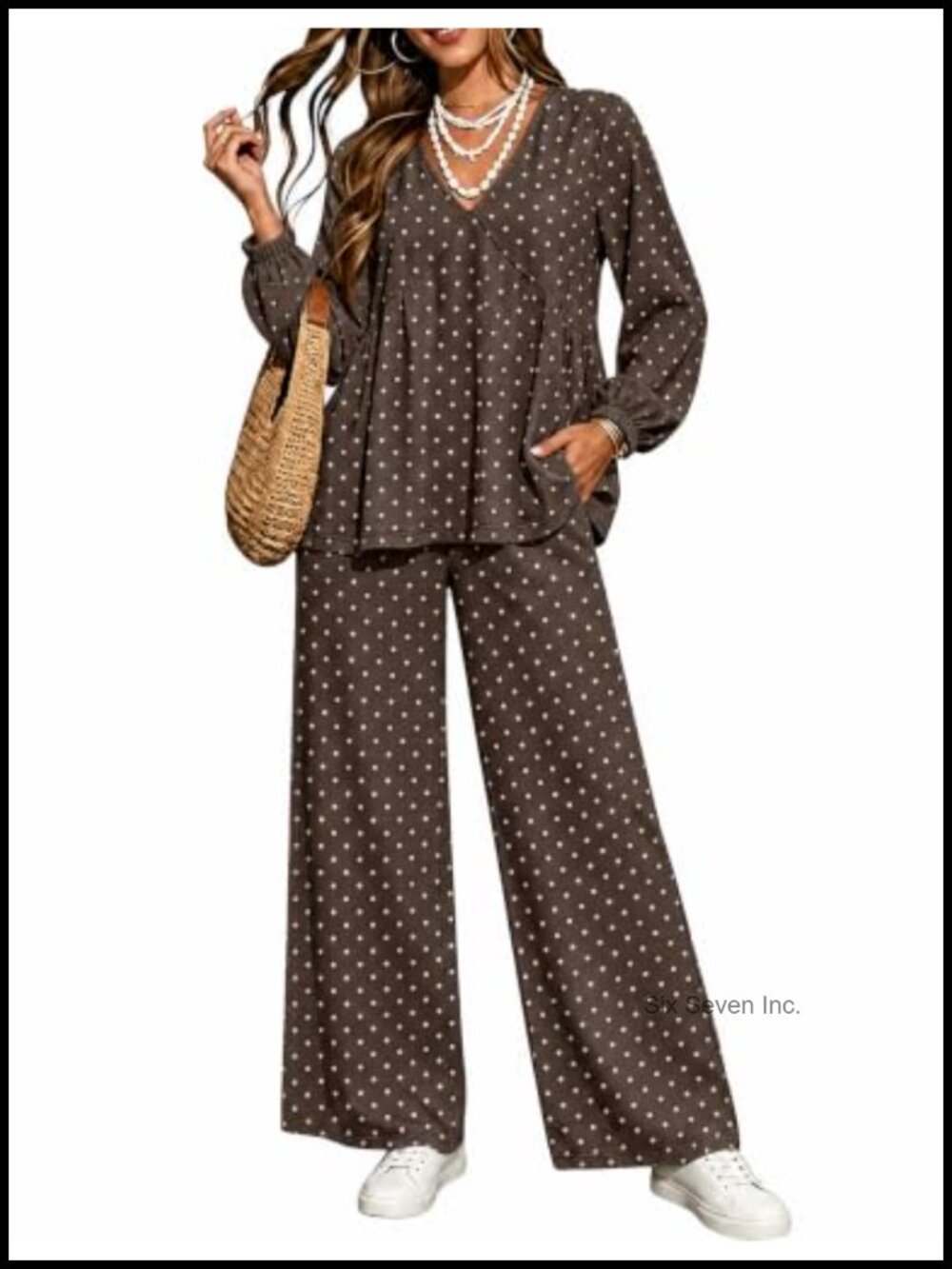 Peplum Top Wide Leg Palazzo Pants 2 Piece Set V Neck Polka Dot